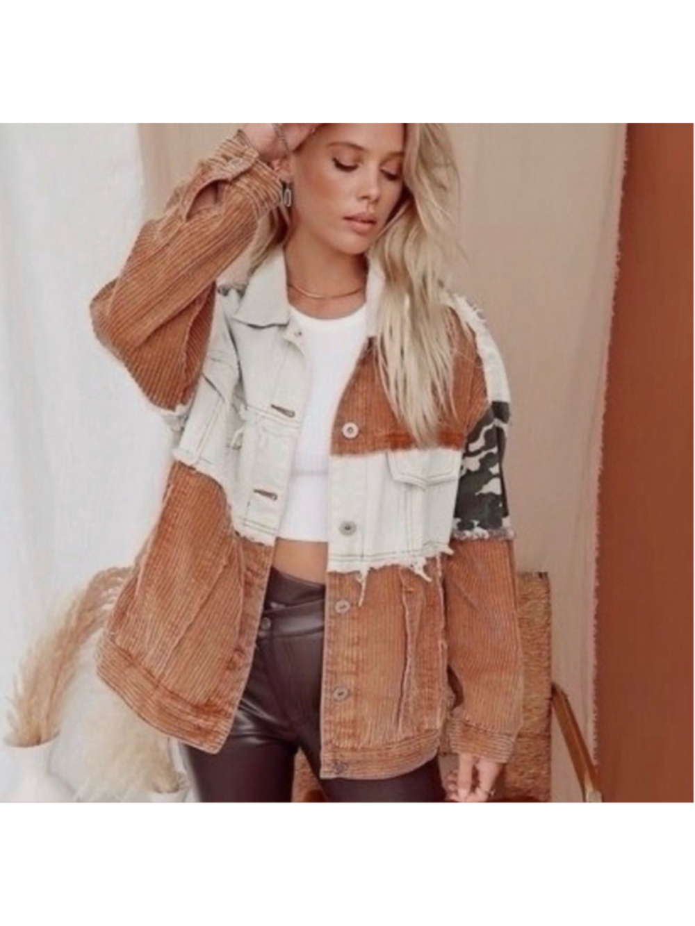 POL Women's Oversized Patchwork Corduroy Camo Y2K Jacket Large NWOT